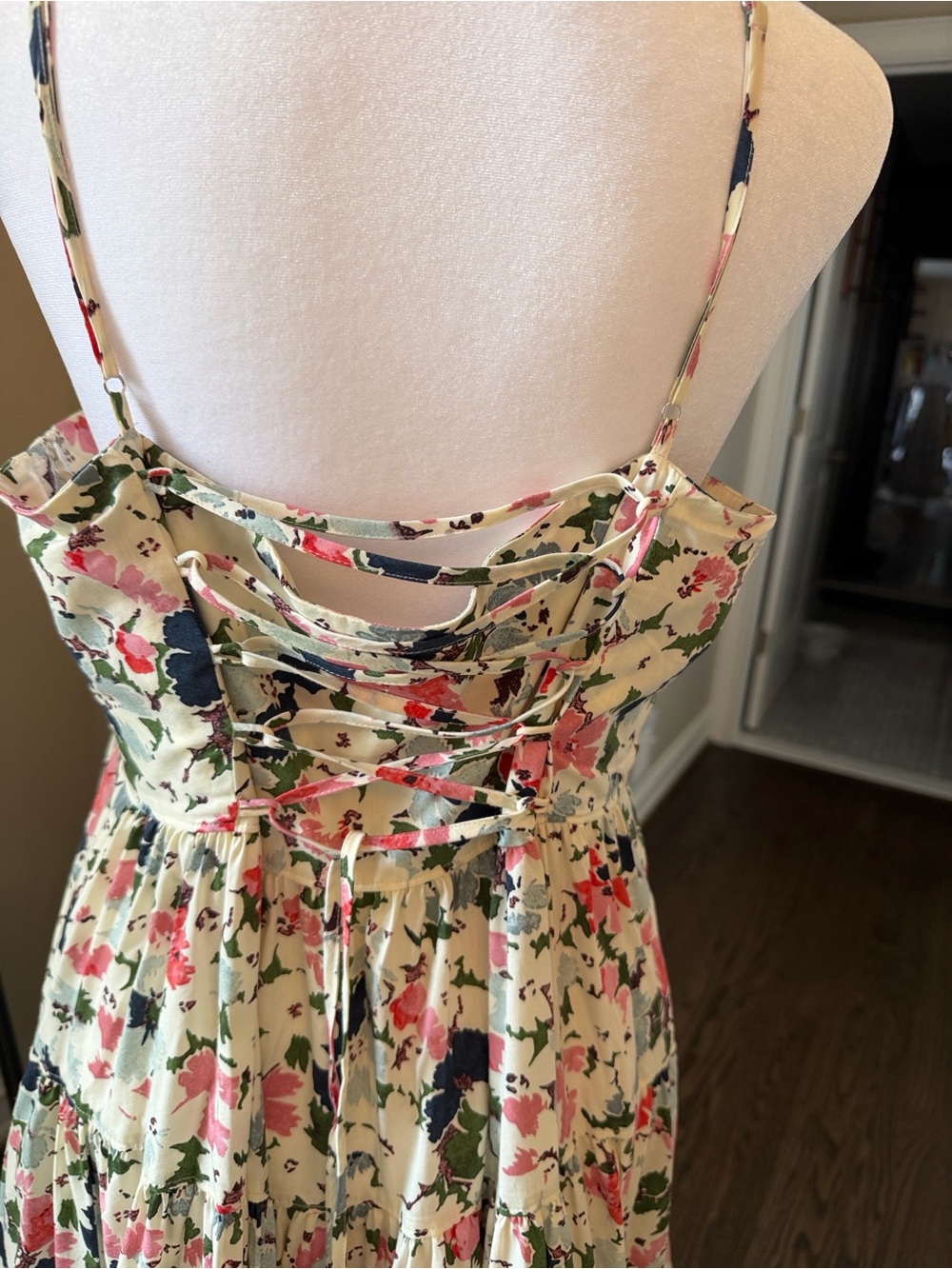 cinq a sept Cream Floral Tiered Midi Skirt with Pink and Navy Accents - Picture 8 of 13